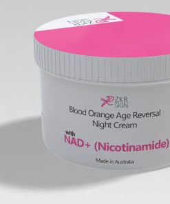 Luxurious NAD+ Blood Orange Age Reversal Night Cream with natural ingredients including beeswax, pomegranate seed oil, hyaluronic acid, and blood orange extract for youthful, hydrated skin